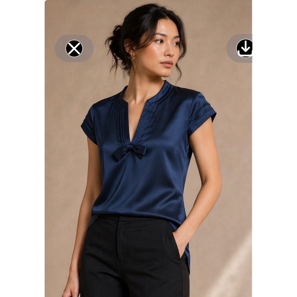 Tory Burch Silk Bow Blouse Womens 4 Navy Blue Excellent Pleated Cap Sleeve Top